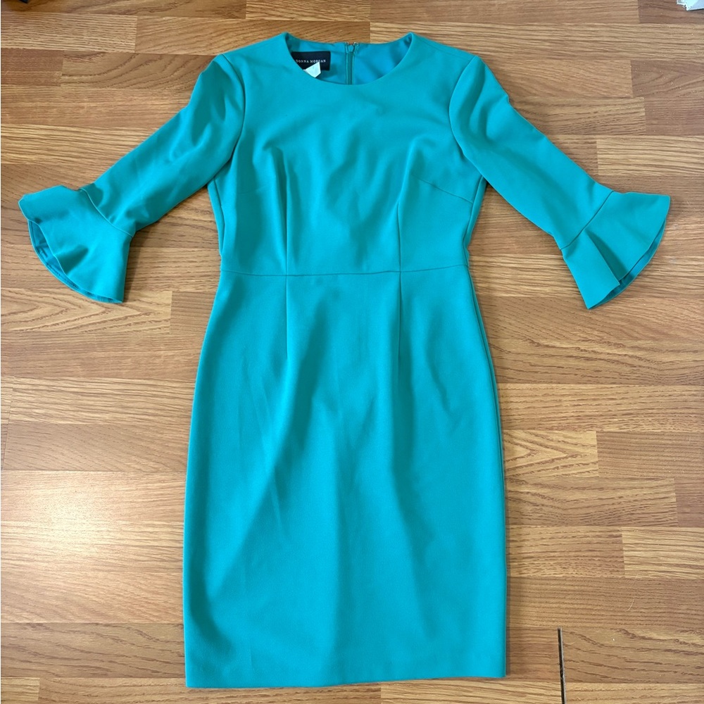 Donna Morgan Teal Midi Sheath Dress with Ruffle Sleeves